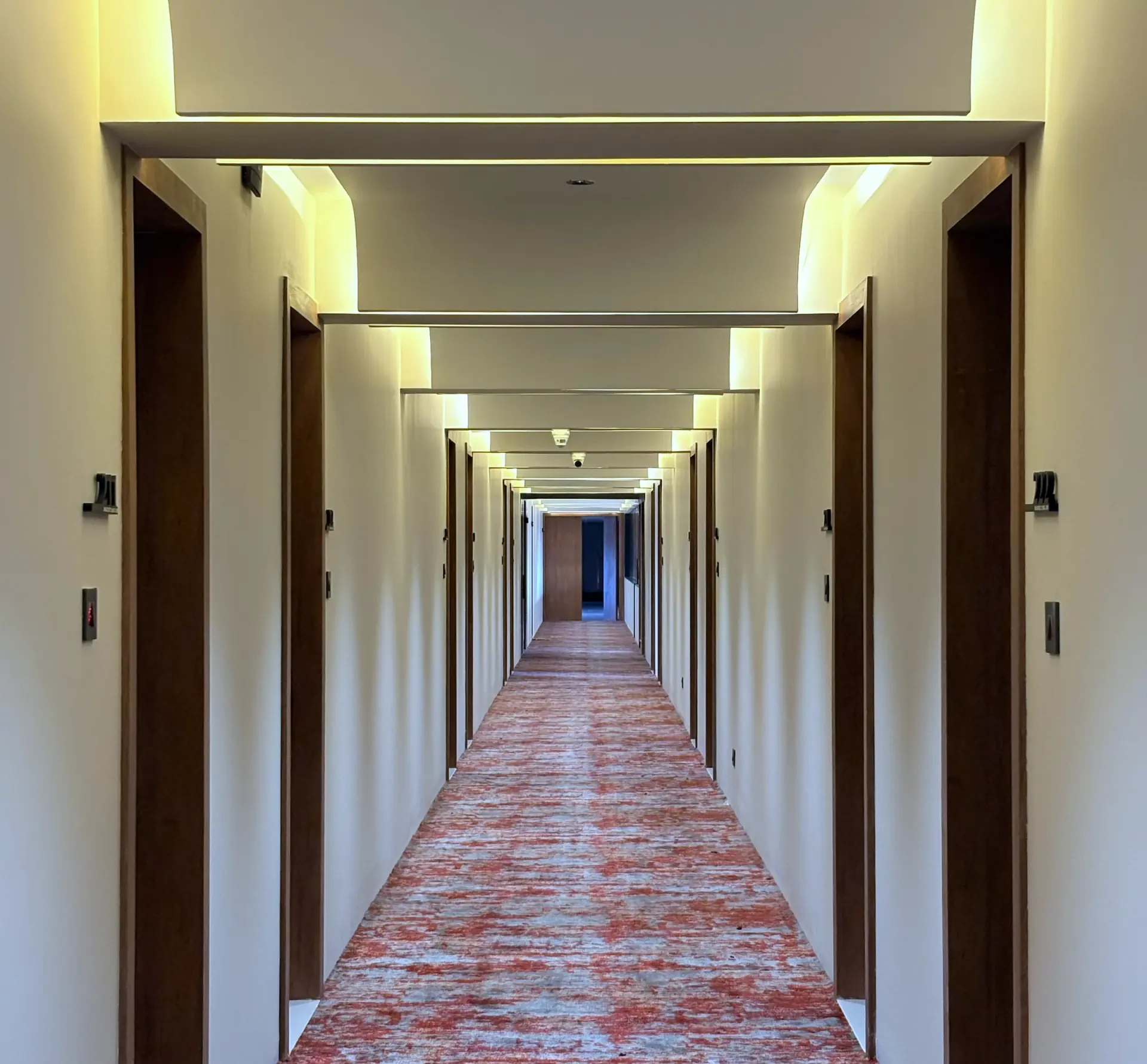 Guest corridor with patterned carpet running between timber doors